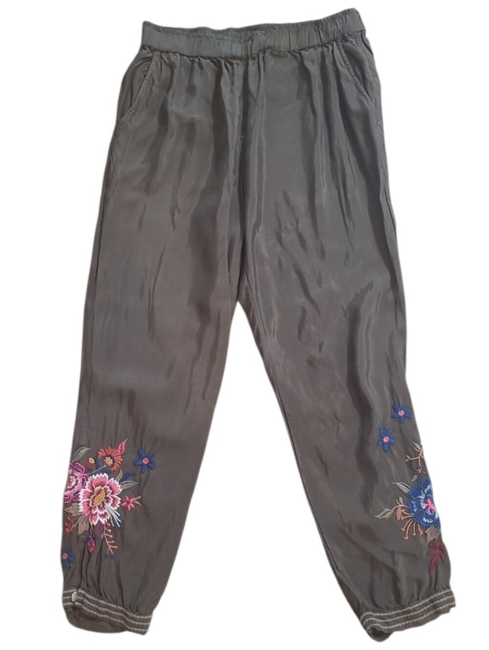 Johnny Was Olive Green Margo Satin Embroidered Jogger Pants Boho M - Picture 2 of 9